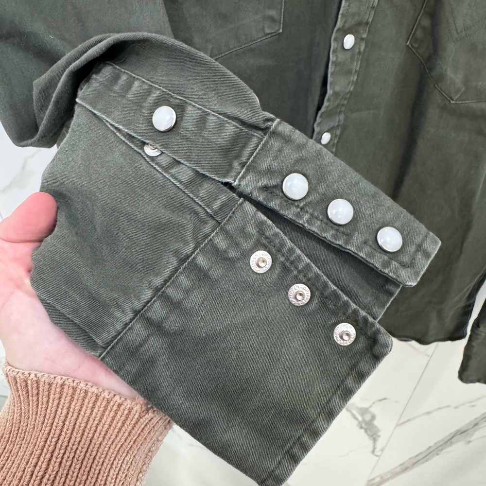 Wrangler Vintage Brushpopper Olive Green Pearl Snap Button Down Casual Shirt - Picture 4 of 9